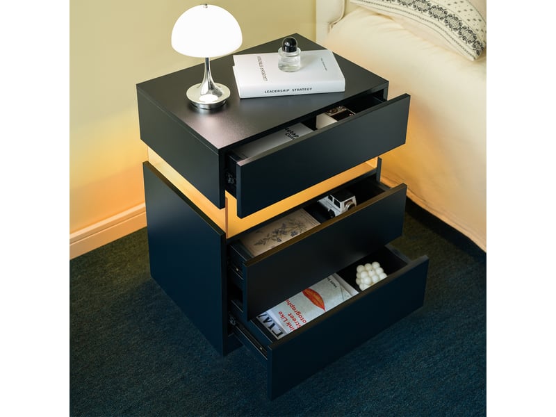  Table de chevet led noire, 3 tiroirs, panneau acrylique, design moderne  - Conforama D