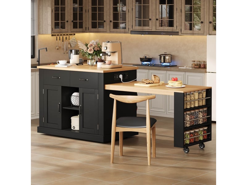  Chariot de cuisine 132235 x 60 cm plateau repas extensible 7 roulettes étagères de rangement réglables table-bar escamotable  - Conforama B