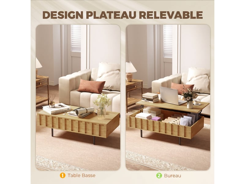  Table basse relevable avec 2 compartiments cachés et latéraux cannelés, style mid-century modern, 110x55x36,5cm, chêne  - Conforama D