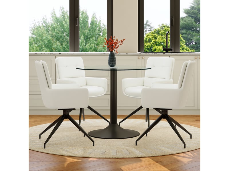 Ensemble repas élégant, table ronde en verre trempé base noire + 4 chaises pu blanches pivotantes 360° - Conforama B