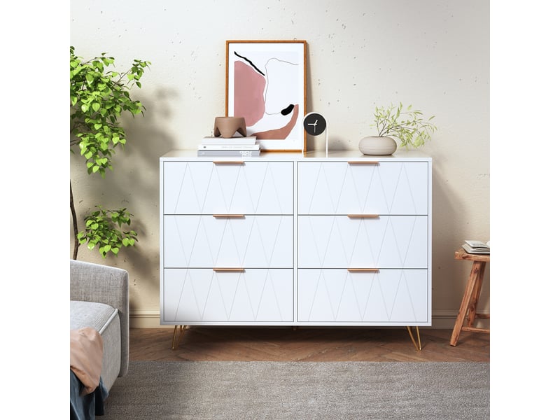 Commode 6 tiroirs - design géométrique - pieds épingles dorés – style luxe léger moderne - anti-basculement - 100x34x72.5cm - blanc - Conforama B