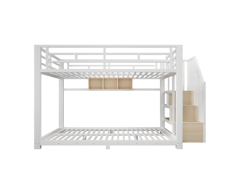  Lit superposé enfant 140 x 200 cm en métal avec led réglable, escalier à rangements et garde-corps de sécurité, blanc  - Conforama E