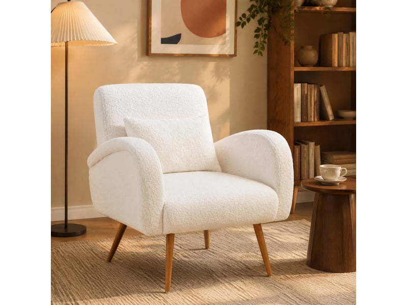  Fauteuil en tissu polaire avec coussin lombaire, dossier large et accoudoirs longs, en métal, blanc crème  - Conforama C