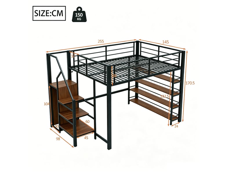  Lit mezzanine 140 × 200 cm 2 places avec escalier à tiroirs, armoire et étagères, sans matelas, métal noir  - Conforama D