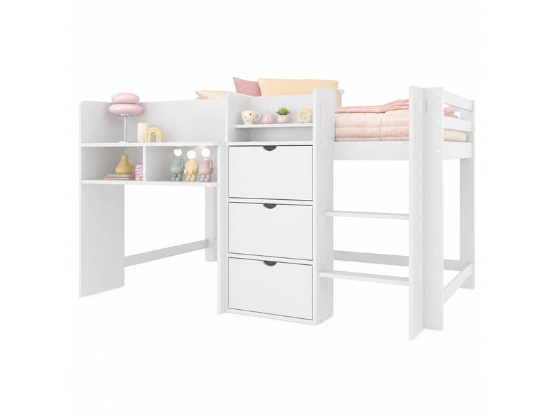  Lit mezzanine enfant 200×90 cm avec rangements, espace sous le couchage et échelle, sans matelas, blanc  - Conforama A