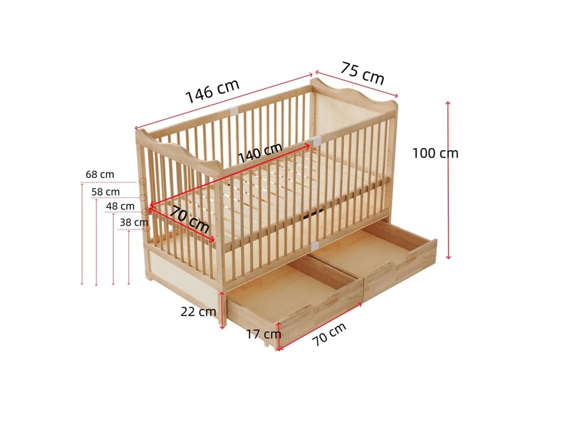  Lit bébé naturel en bois massif 70x140 cm ajustable 4 hauteurs et tiroirs intégrés  - Conforama C