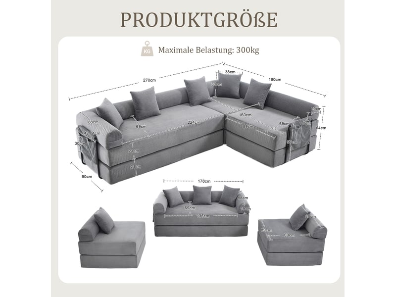  Canapé modulaire 4 places avec couchage d'appoint et poche latérale en velours côtelé gris foncé, 270 × 180 × 64 cm  - Conforama C