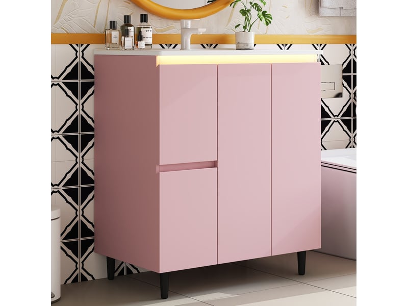  Meuble sous vasque avec 2 tiroirs, 1 porte et éclairage led à capteur pour salle de bain, mdf rose, 76 × 47 × 89 cm  - Conforama C