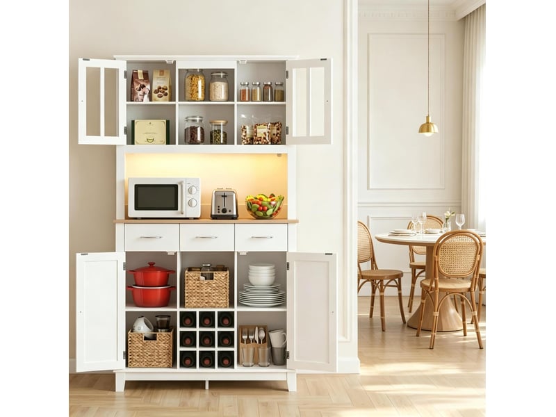  Buffet haut de cuisine avec éclairage led rgb, blanc et chêne, 100 x 39,5 x 180 cm  - Conforama D