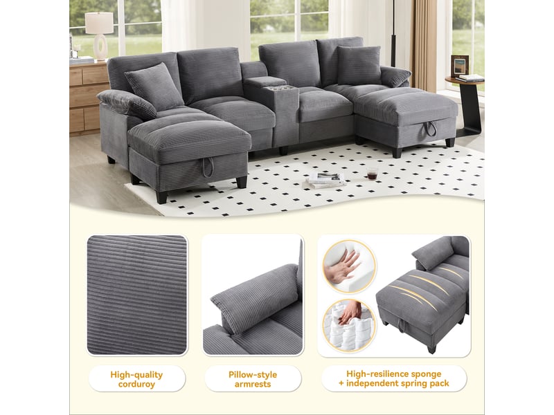  Canapé panoramique u 293x142x93 cm 4 places en velours côtelé avec rangement, porte-gobelets inox, 2 ports usb et coussins - gris  - Conforama E