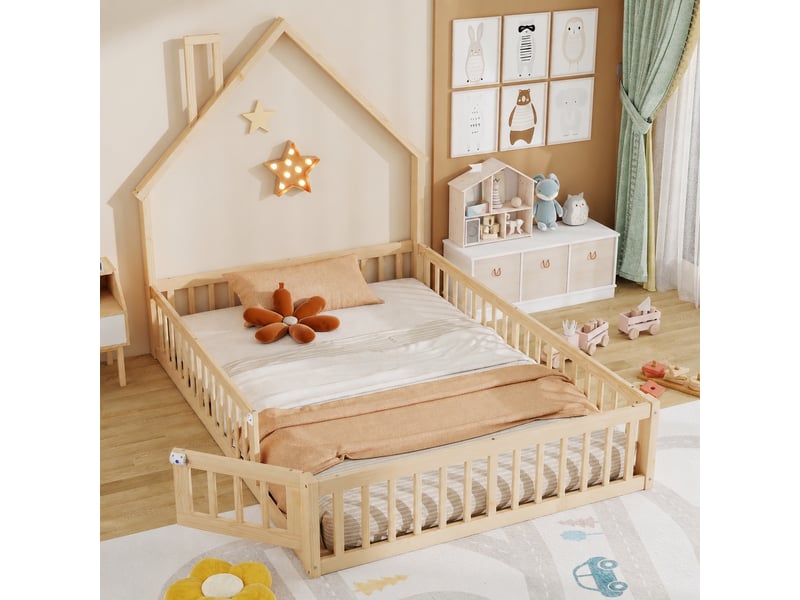  Lit cabane enfant 140 x 190 cm, forme cheminée, sommier à lattes, pin, naturel  - Conforama B