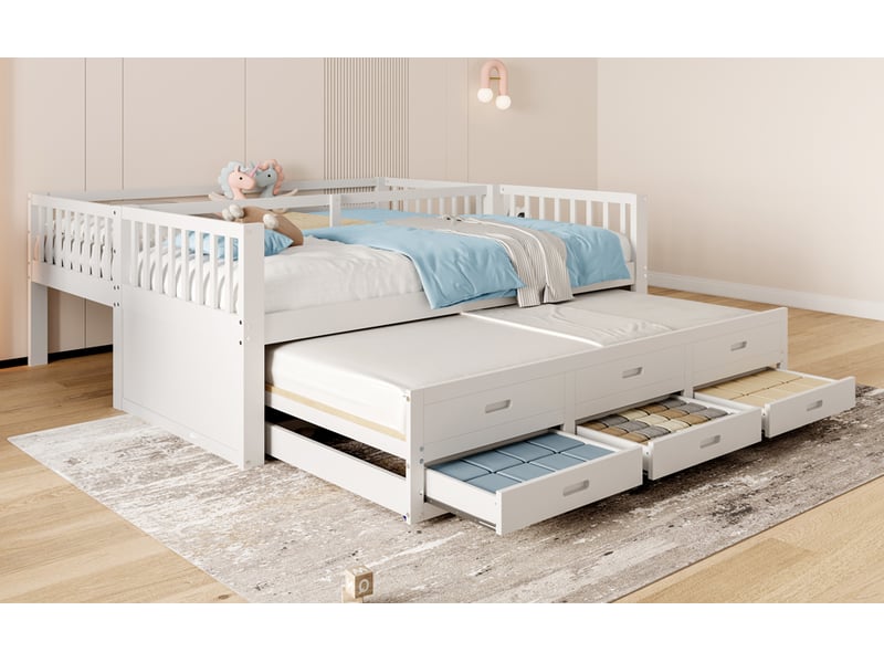  Lit superposé 90 × 200 cm, lit gigogne 90 × 182 cm, 3 tiroirs bas, sommier, barrières, échelle, pin et mdf, blanc  - Conforama B