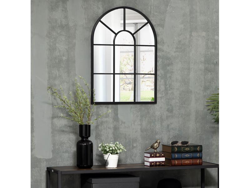  Miroir mural fenêtre 70 x 50 cm en métal noir, forme arche, crochets préinstallés, décoratif pour salon, chambre ou entrée  - Conforama B