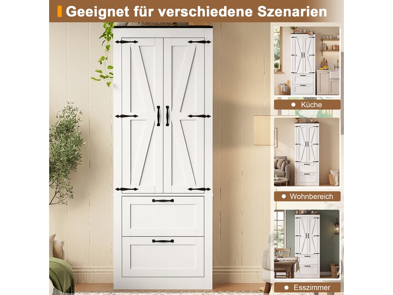  Buffet de cuisine haut blanc 60x30x168 cm, 2 portes et 2 tiroirs intégrés, meuble rangement cuisine  - Conforama E