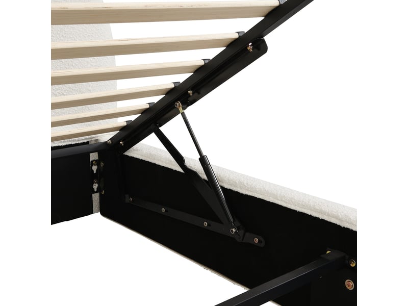  Lit coffre 160 x 200 cm, avec grand espace de rangement, sommier à lattes et tête de lit rembourrée, finition bouclette, beige  - Conforama E