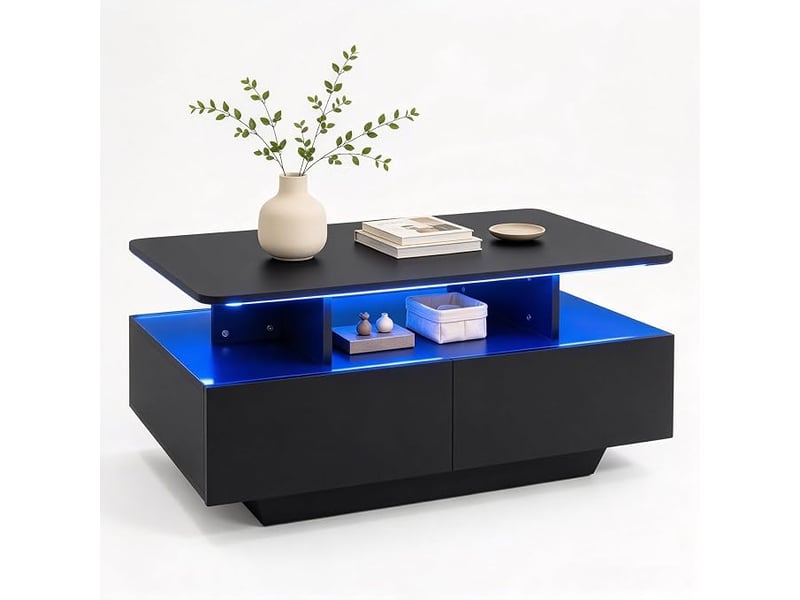 Table basse rectangulaire, meuble de rangement avec led, noir mat - Conforama A