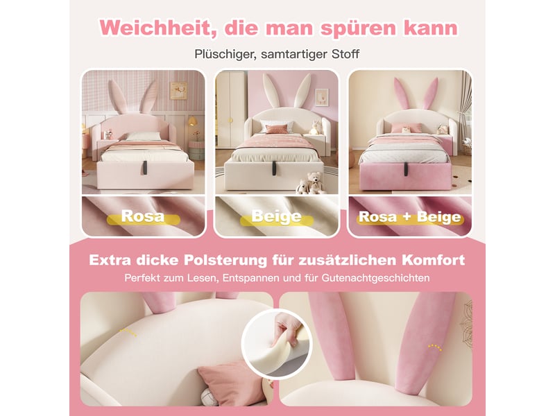 Lit simple 90x190 cm, lit enfant, rangement, table de chevet, motif lapin, velours beige, rose - Conforama W