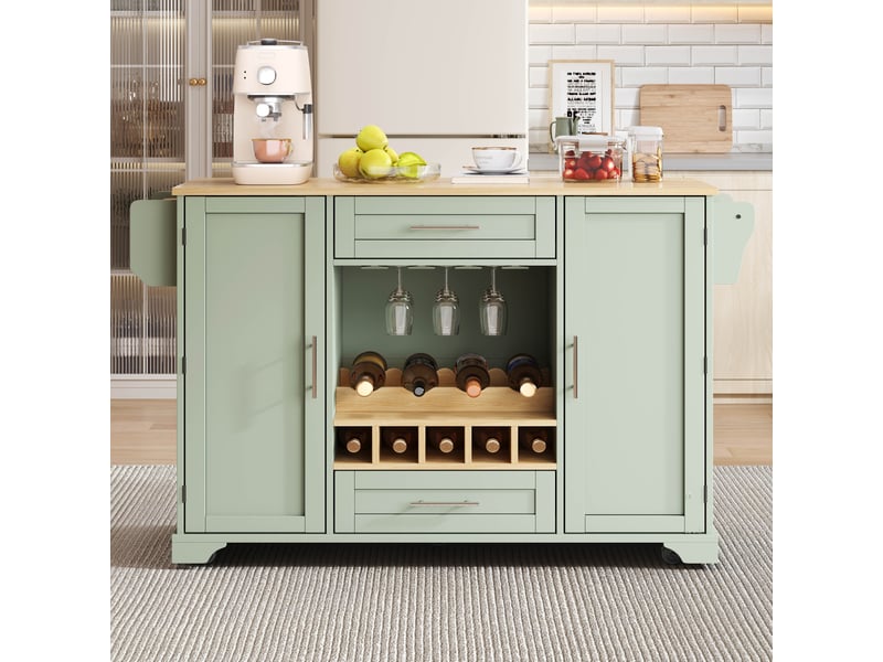 Îlot de cuisine sur roulettes avec plan de travail rabattable, rangement pour vin, porte-verres, porte-épices et porte-serviettes, vert antique - Conforama D