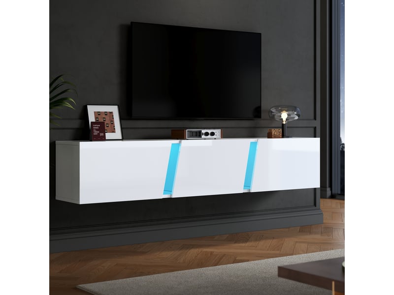  Meuble tv mural avec 3 portes abattantes et led contrôle par application, pour salon, 180 x 35 x 30 cm, blanc  - Conforama D