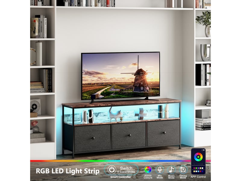  Meuble tv multimédia avec led - buffet led - design rétro chic - tiroirs en tissu noir - 108cmx30x57cm - marron  - Conforama C