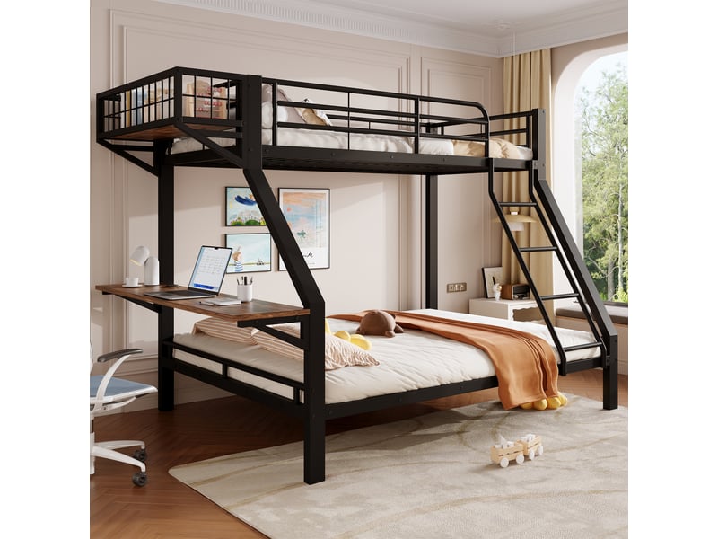 Lit superposé - 90x200 cm - 140x200 cm - bureau intégré - échelle - barrières de sécurité - rangements intégrés - lit enfant - noir CozyNest - Conforama B
