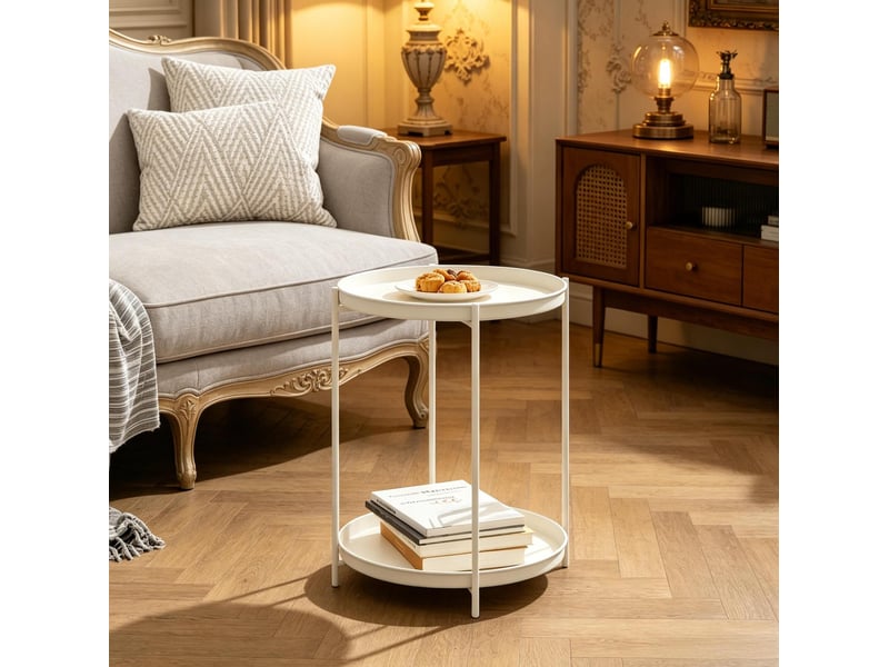  Table d’appoint ronde en métal – 2 plateaux amovibles – blanc crème – ø 44 x h 53 cm  - Conforama B