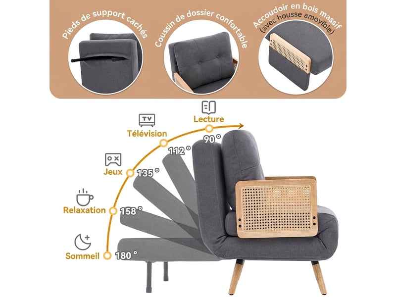  Fauteuil convertible 3 en 1 lit d'appoint 1 place, avec accoudoirs en rotin, fauteuil relax gris  - Conforama D
