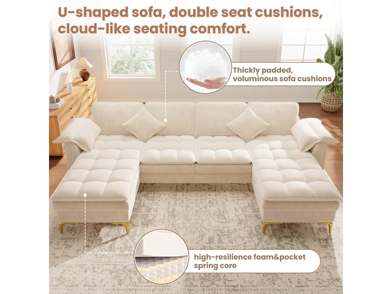 Canapé d’angle en u 4 places beige, chenille, 2 méridiennes, double rembourrage, 2 coussins, pieds métal dorés - Conforama D