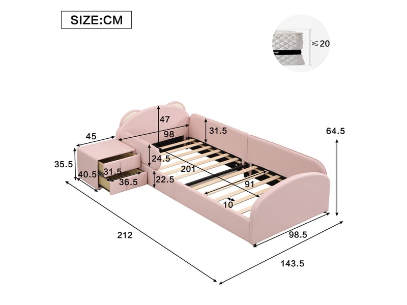  Lit enfant simple 90×200 cm tête ours et table de chevet  - sans matelas, velours - rose  - Conforama D