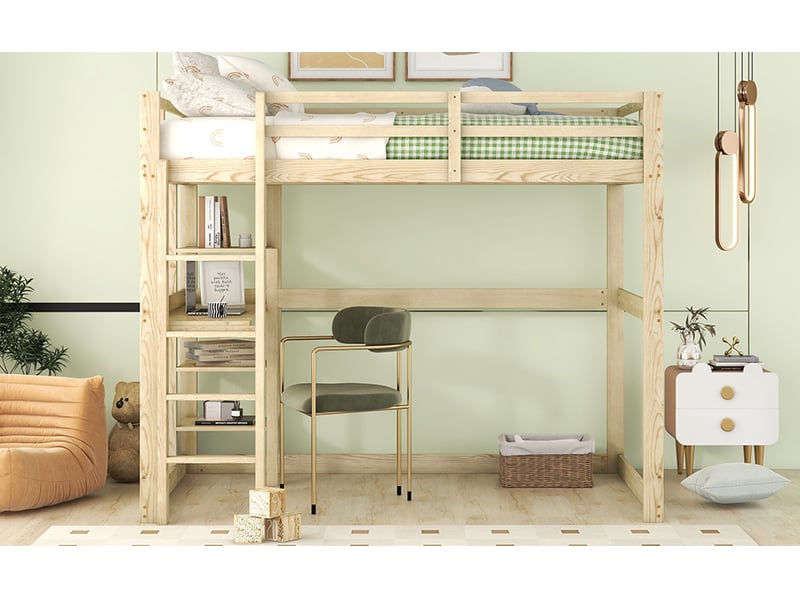  Lit mezzanine 140x200 cm avec 4 casiers et un plateau de bureau, lit enfant avec espace de rangement, en pin, finition naturelle  - Conforama W