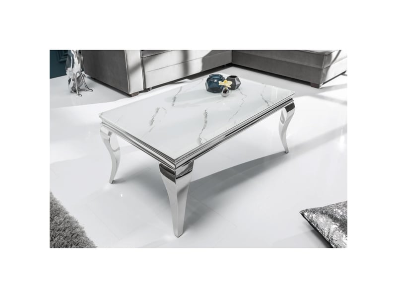  Table basse velena 100 cm effet marbre blanc avec verre trempé – pieds galbés argentés  - Conforama B