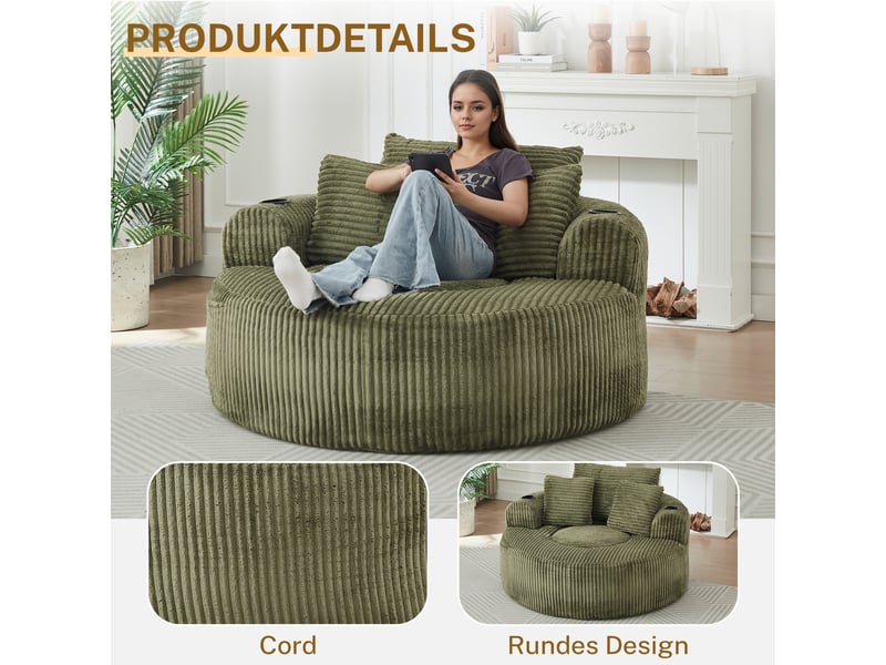 Canapé 1 place rond avec 2 porte-gobelets, 3 coussins et poches latérales, velours côtelé, vert OMNIGLINT TRADING LTD - Conforama E