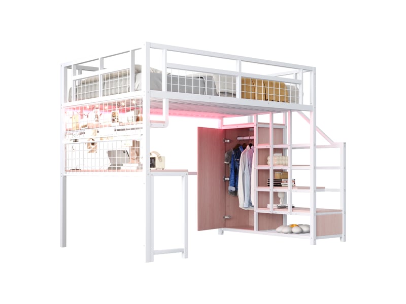  Lit mezzanine 140 x 200 cm, coloris blanc, structure métal, coffre, table, led et prises intégrées.  - Conforama A