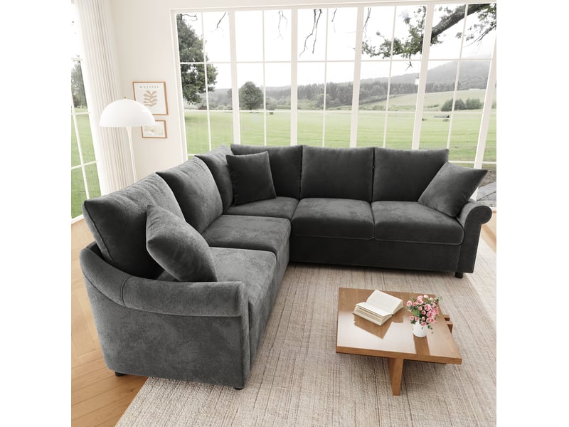  Canapé d'angle en l 5 places avec accoudoirs ergonomiques et coussin d'assise déhoussable en chenille gris  - Conforama C