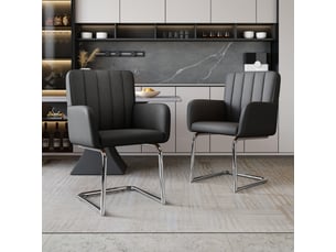 Ensemble de 2 chaises à manger à rayures verticales, assises rembourrées, pieds en métal zigzag, cuir synthétique noir