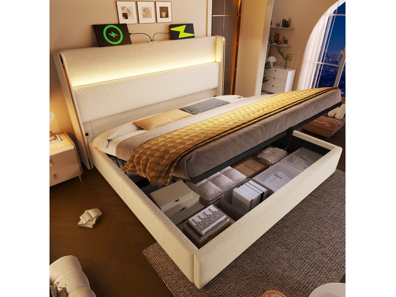 Lit coffre 180x200 avec led, ports usb et matelas h3 homvra - Conforama D