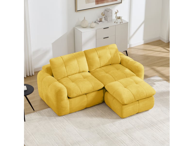  Canapé d'angle modulable 2 places modenvie avec ottoman, design matelassé, revêtement en chenille jaune, 194 x 160 x 68 cm  - Conforama B