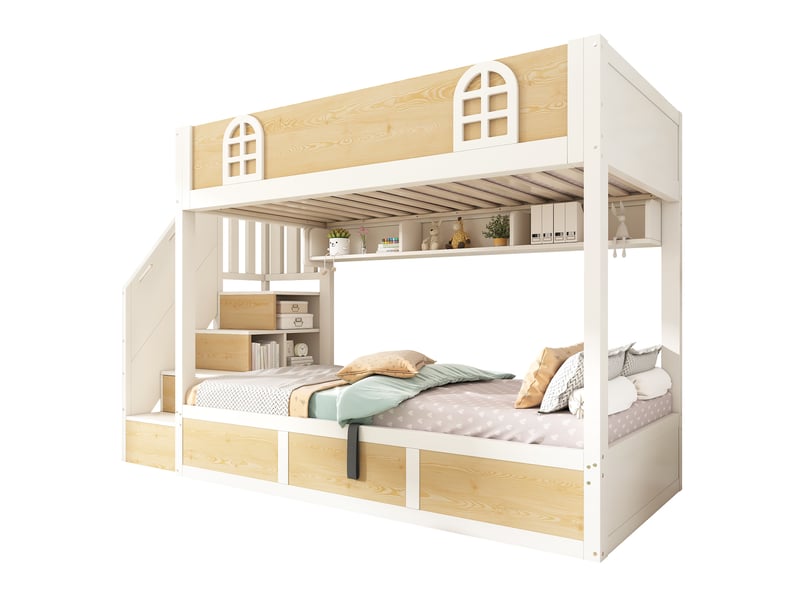  Modenvie lit superposé 90x200 cm - avec escalier de rangement et sommier inclus, sans matelas - blanc et naturel  - Conforama A