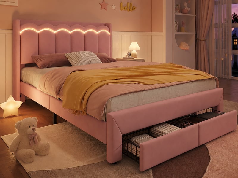 Lit enfant rembourré 140 x 200 cm, 2 tiroirs en pied de lit, tête de lit ondulée, niche de chevet, éclairage led, coloris rose - Conforama B