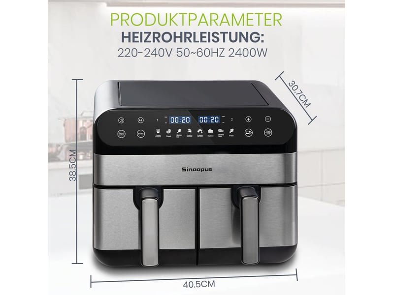  Friteuse sans huile double zone 10 l xxl 2400 w 40,5 x 38,5 x 30,7 cm – noir – led tactile  - Conforama C