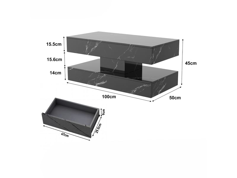  Table basse, 100x50x45 cm, table de salon avec éclairage led intelligent, plateau effet marbre résistant avec 4 zones de rangement et tiroirs, noir  - Conforama E