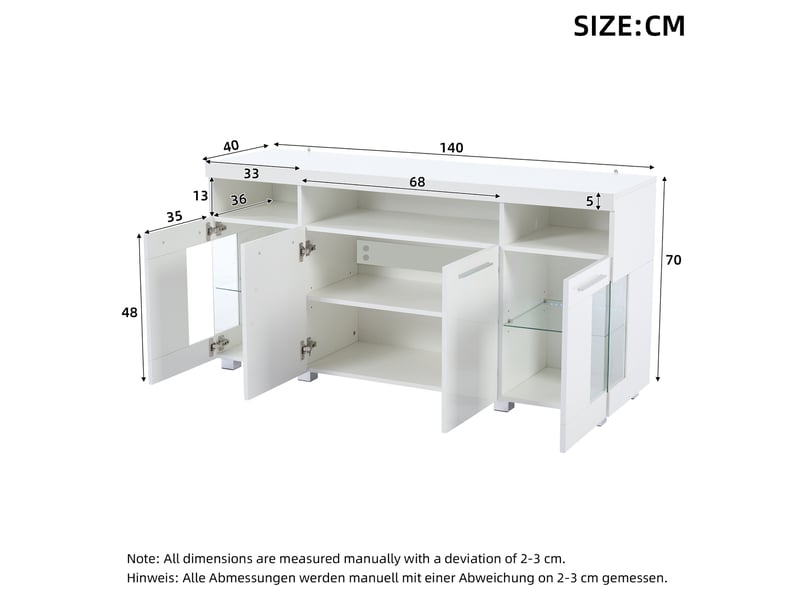  Buffet de salon blanc brillant avec éclairage led intégré, portes en verre trempé et rangement 140 x 40 x 70 cm  - Conforama C