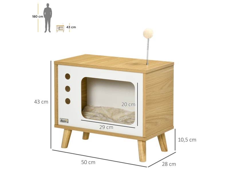 Meuble pour félins style téléviseur, beige, blanc et bois clair, coussin lavable et balle de jeu, 50 x 28 x 43 cm  - Conforama C
