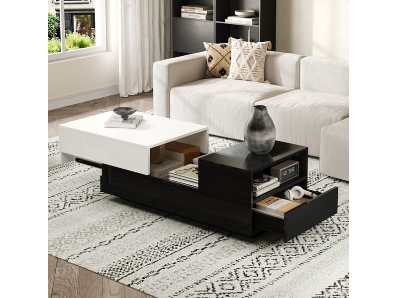  Table basse rectangulaire 100x50x38 cm, 2 tiroirs, plateau coulissant, rangement, panneaux de particules noir et blanc  - Conforama B