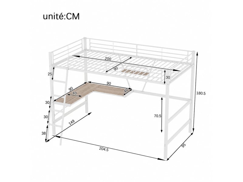 Lit mezzanine en métal 90x200 cm, lit simple avec bureau en l, étagère et garde-corps, sans matelas, blanc - Conforama D