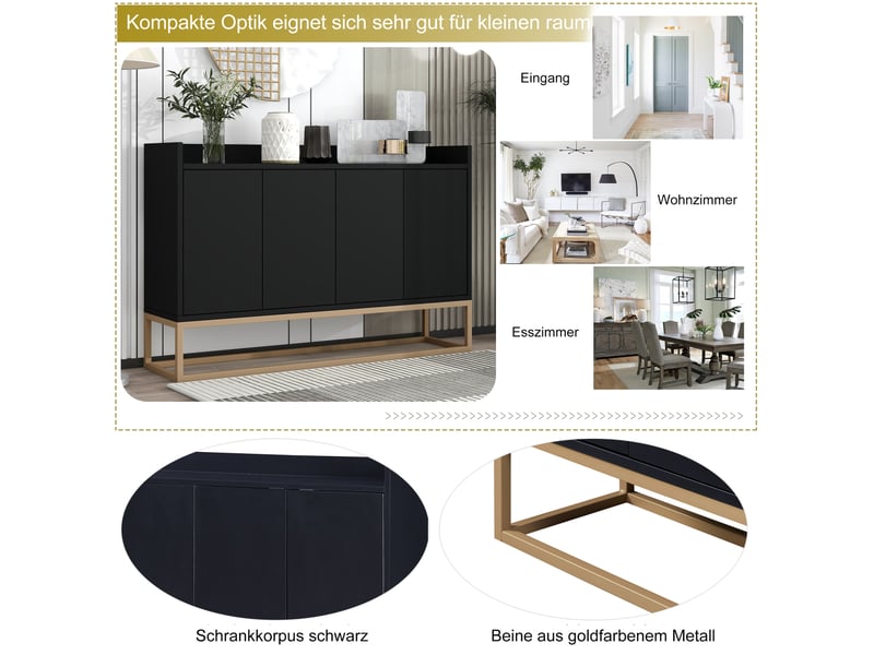  Meuble bas de cuisine 120 cm, buffet de rangement moderne avec 4 portes, étagère réglable et support en métal  - Conforama D