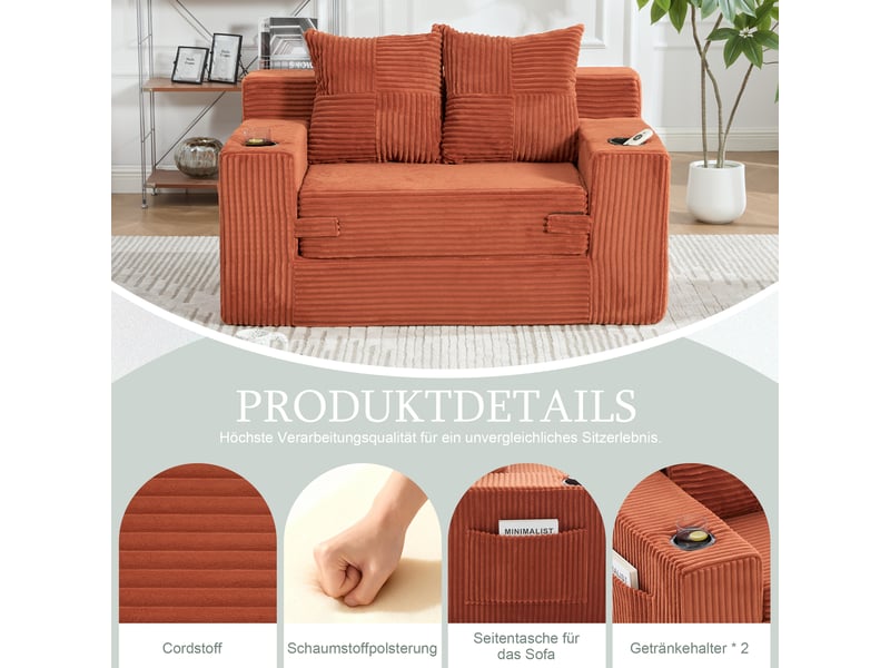  Canapé-lit,151x133x64 cm,2 places avec rangement,velours côtelé,orange  - Conforama D