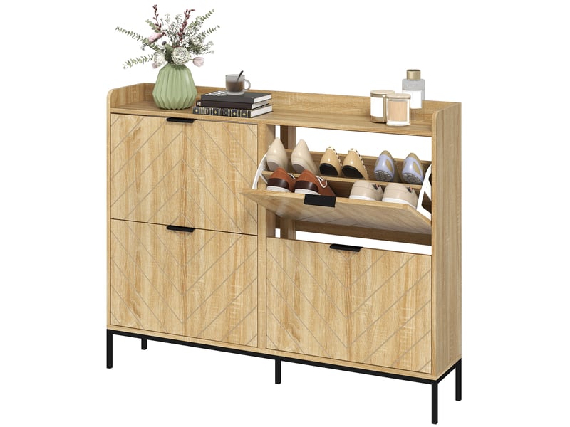  Meuble à chaussures 16 paires avec 4 tiroirs, portes rabattables, étagères réglables, 110 x 23,5 x 95,5 cm, chêne  - Conforama B