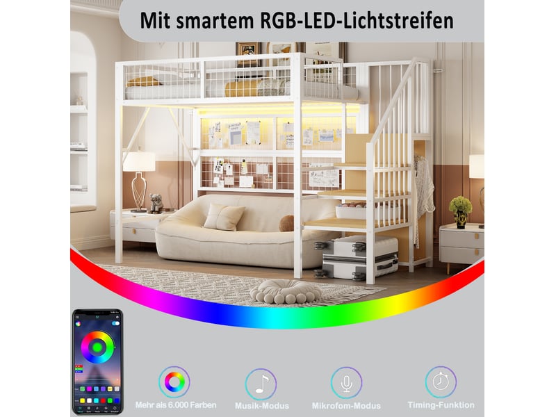  Lit mezzanine enfant 90x200 cm – blanc – escalier avec rangement, penderie ouverte et led contrôlée par application  - Conforama E