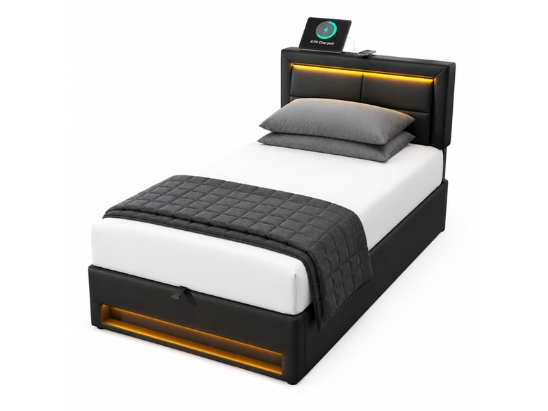 Lit rembourré 90x200 cm avec led, usb et rangement, pu noir - Conforama A